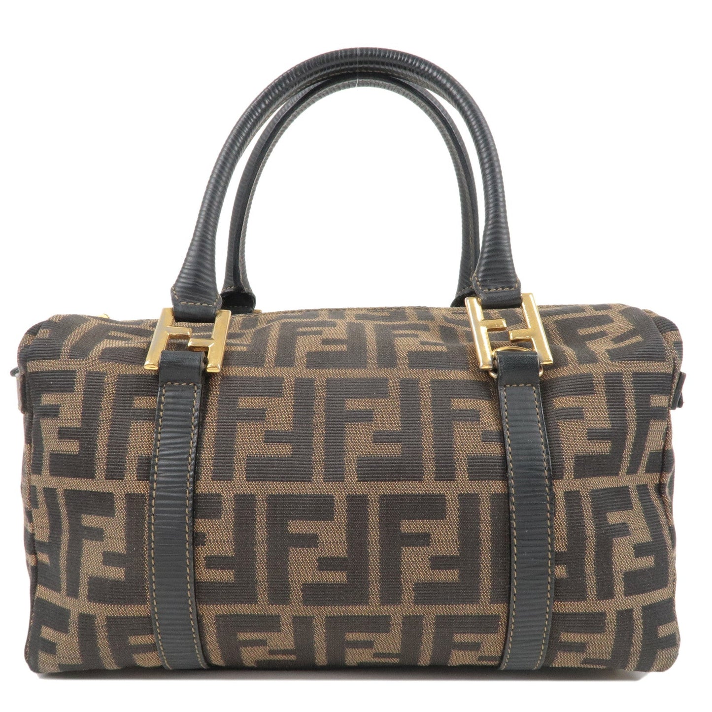 Fendi Zucca Logo Print Canvas Leather Hand Bag Brown Black