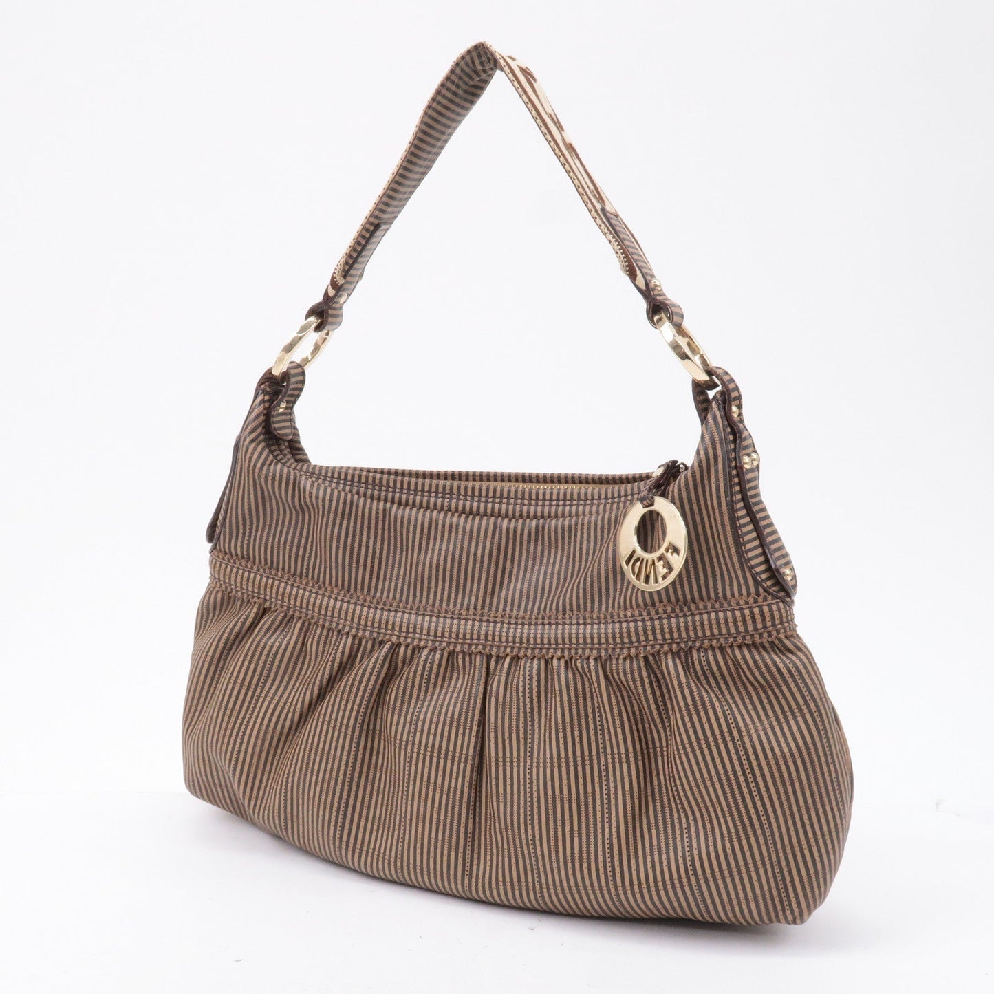 FENDI Zucca Leather Punching Shoulder Bag Hand Bag Brown 8BR448