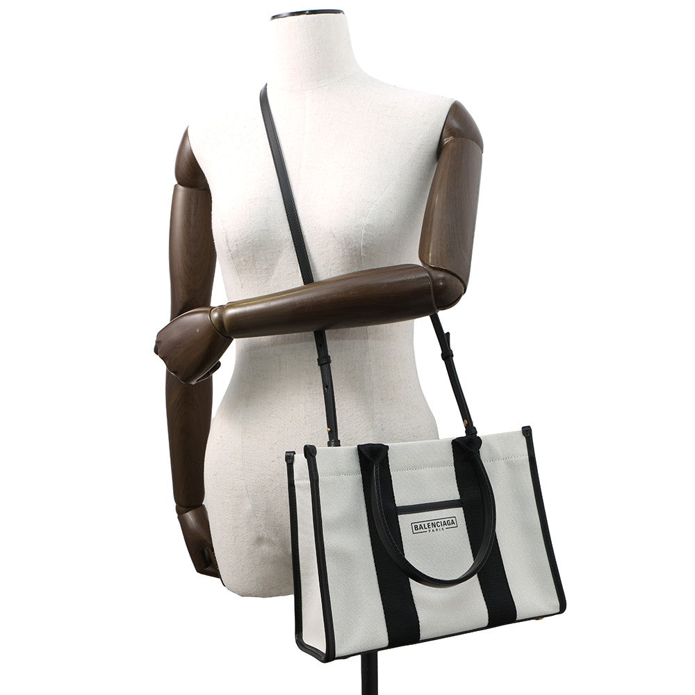 BALENCIAGA Hardware 2WAY Shoulder Bag White/Black671402 Canvas Leather Size Small