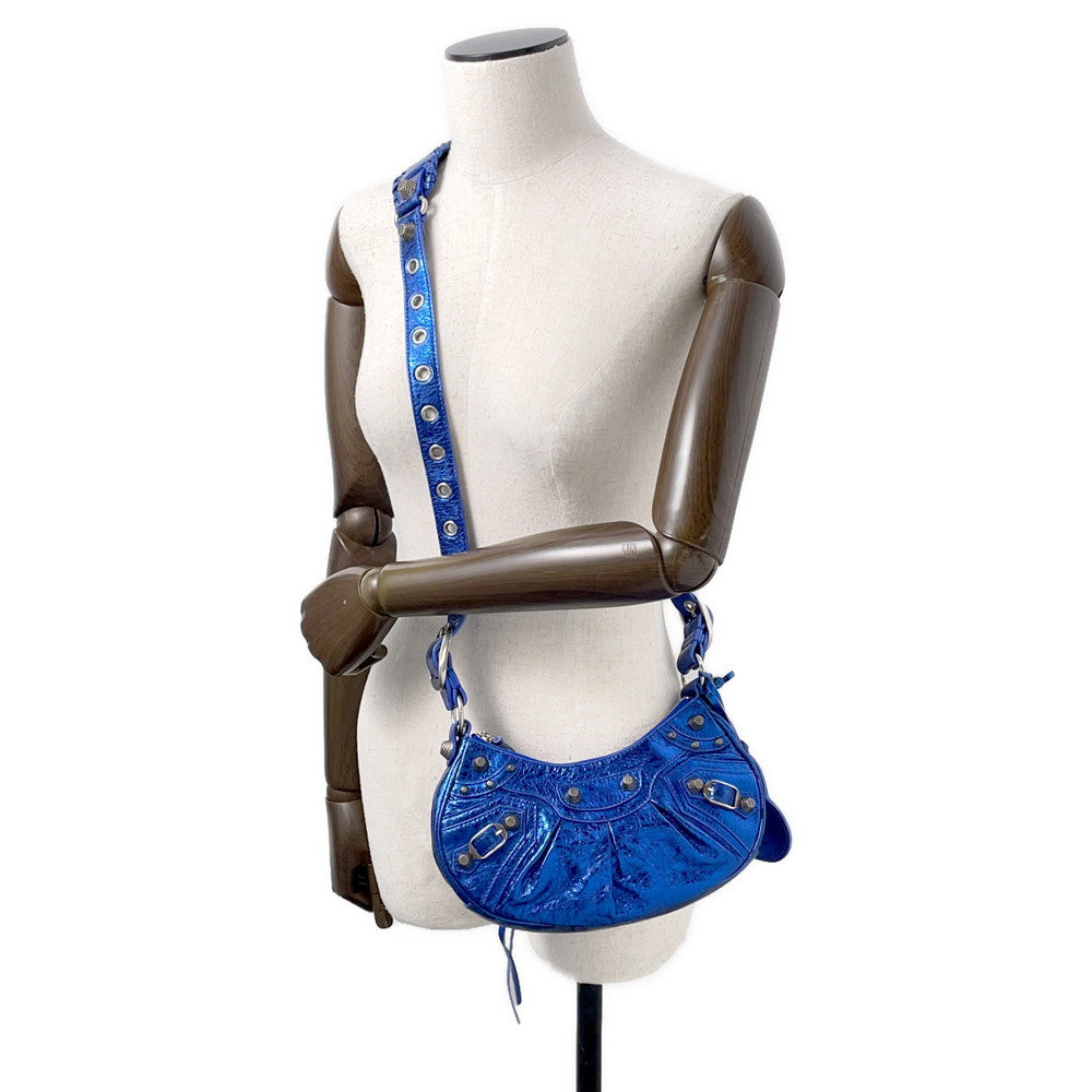 BALENCIAGA Luca Goal Shoulder Bag Metalic Blue671309 Leather Size XS