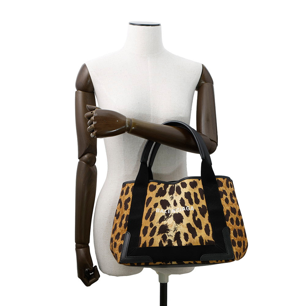 BALENCIAGA Navy Cabas Leopard Black/Brown339933 Canvas Leather Size S