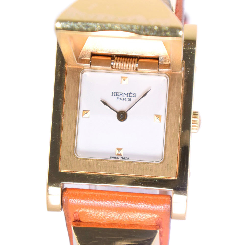 HERMES Watches Quartz Plated Gold , Leather Orange Medor White dial Women d