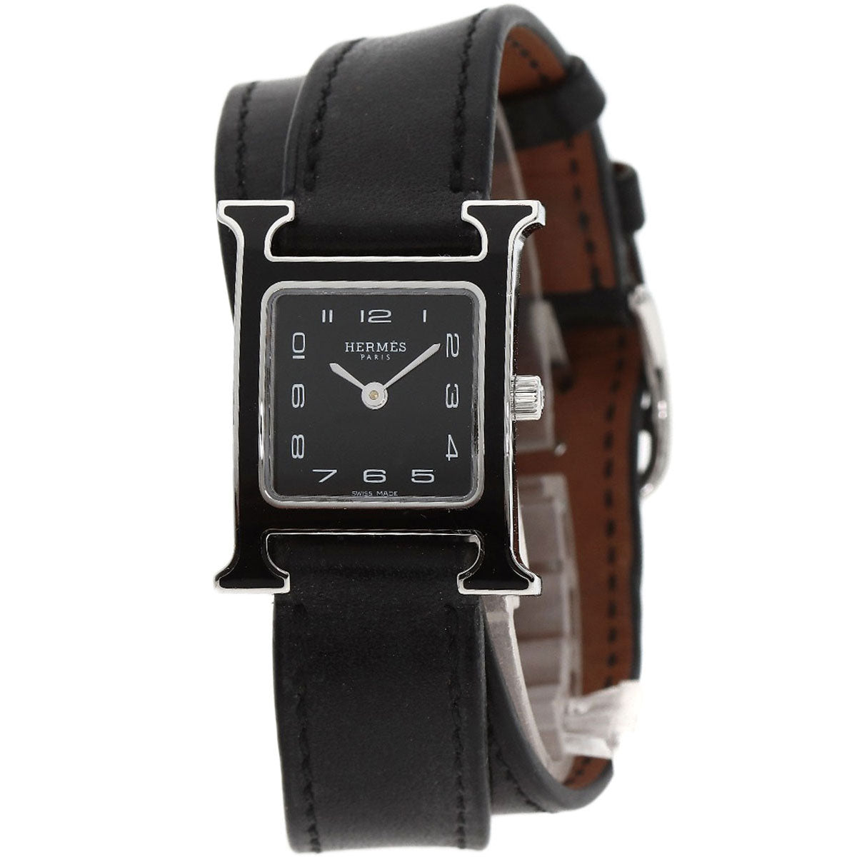 HERMES Watches Quartz HH1.221.336/VB89 Stainless Steel Silver H Watch Double Tour Black Lacquer black dial