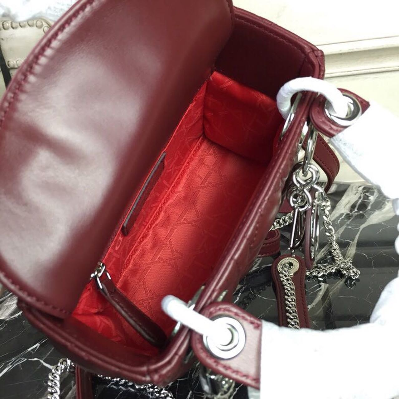 Top Quality Mini Lady Bag with Chain Silver Hardware Burgundy For Women 6.5in/17cm CD