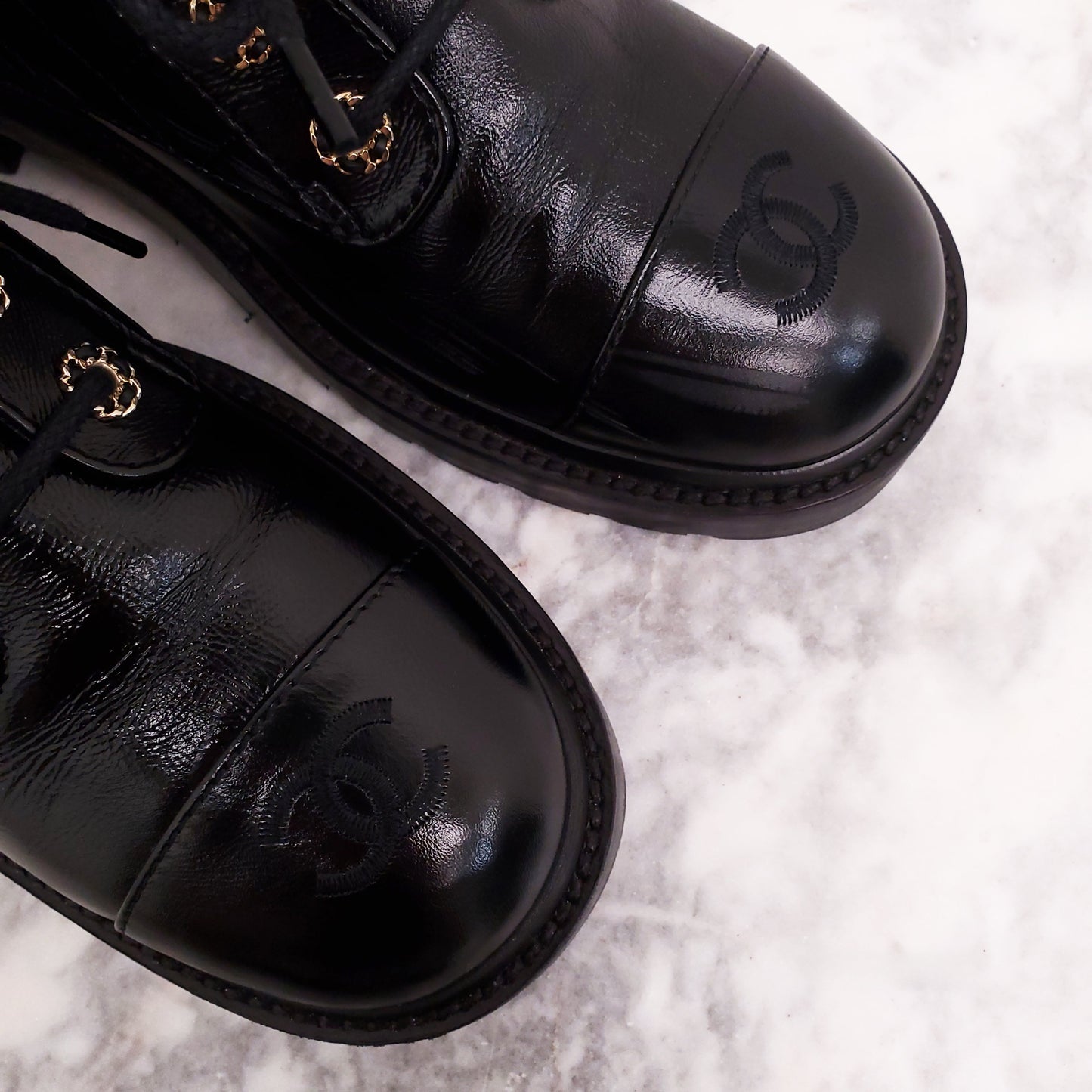 CHANEL 2022 BLACK PATENT QUILTED COMBAT BOOTS - SIZE 40