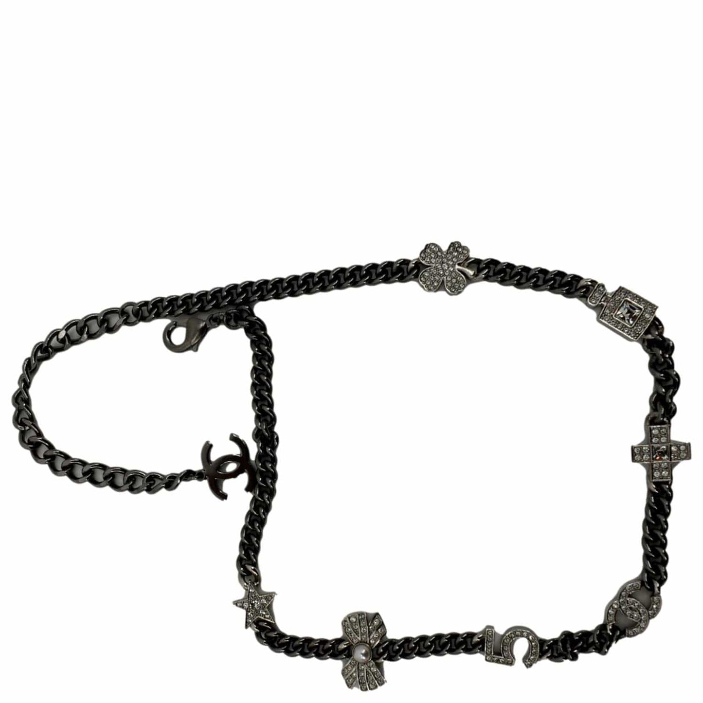 CHANEL CC Star Pearl Round Metal Necklace Silver