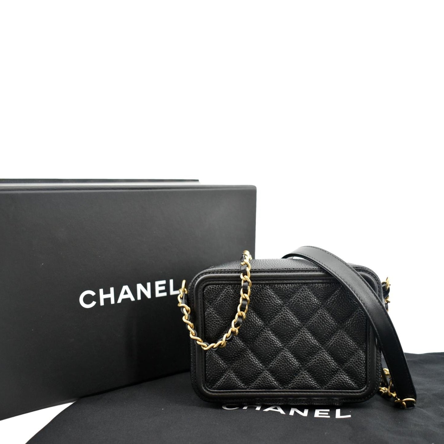 CHANEL CC Filigree Vanity Quilted Caviar Leather Clutch Shoulder Bag Black