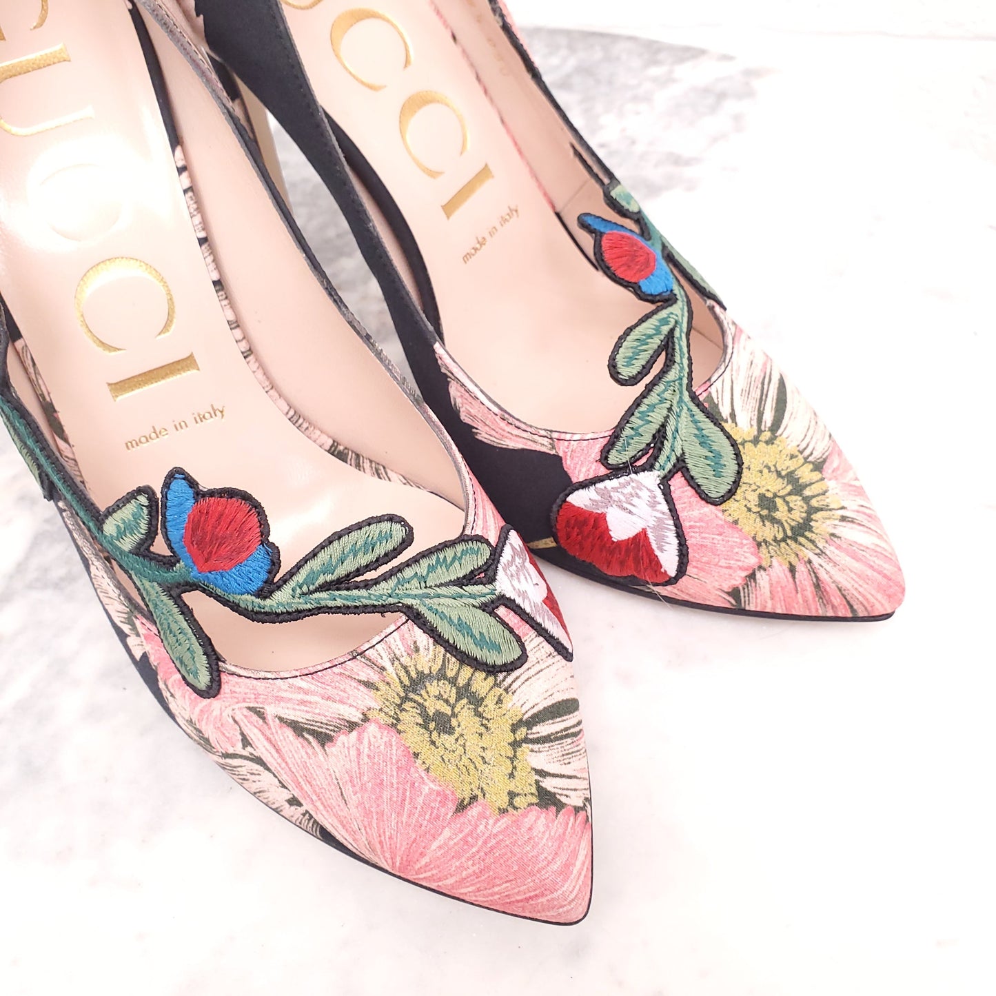 GUCCI BLACK OPHELIA EMBROIDERED HEELS - SIZE 38.5