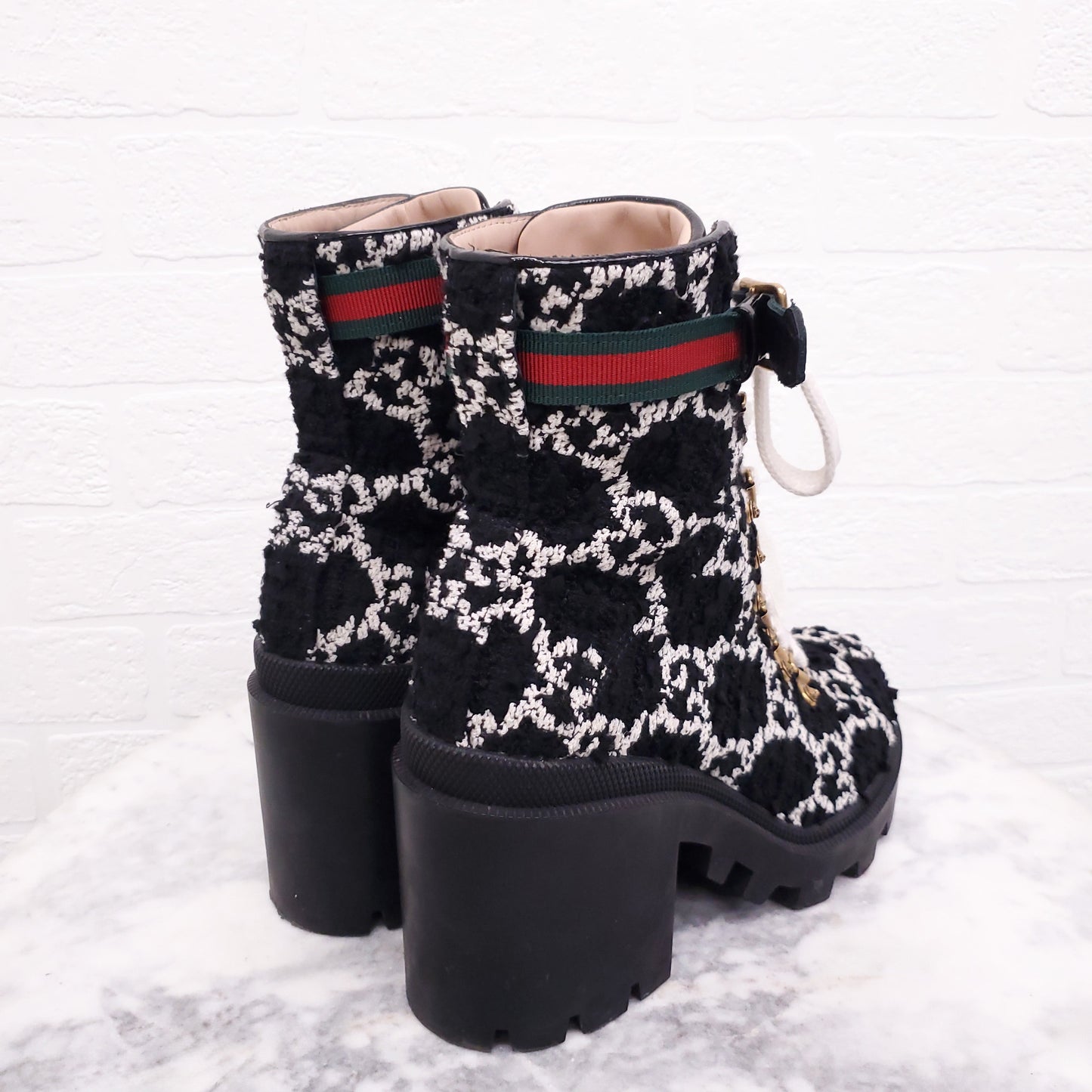 GUCCI NAVY TWEED LOGO BOOTS WITH BLOCK HEEL - SIZE 38