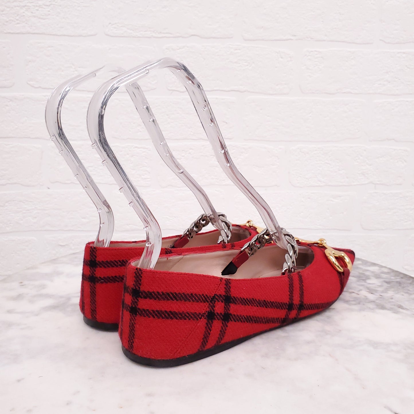 GUCCI PLAID FLATS WITH CHAIN LOGO DETAIL - SIZE 38