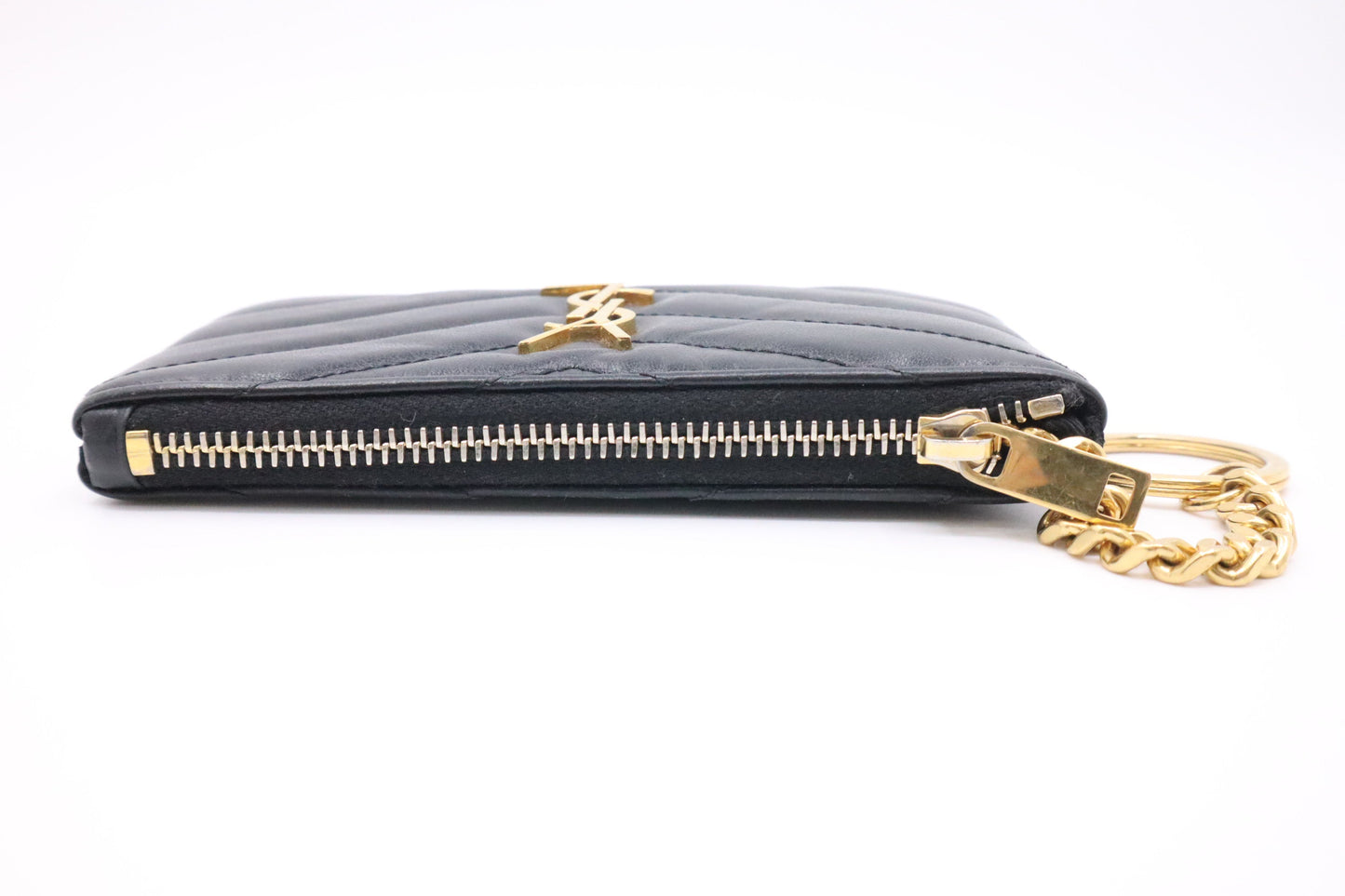 YSL Saint Laurent Coin Case in Black Chevron Leather