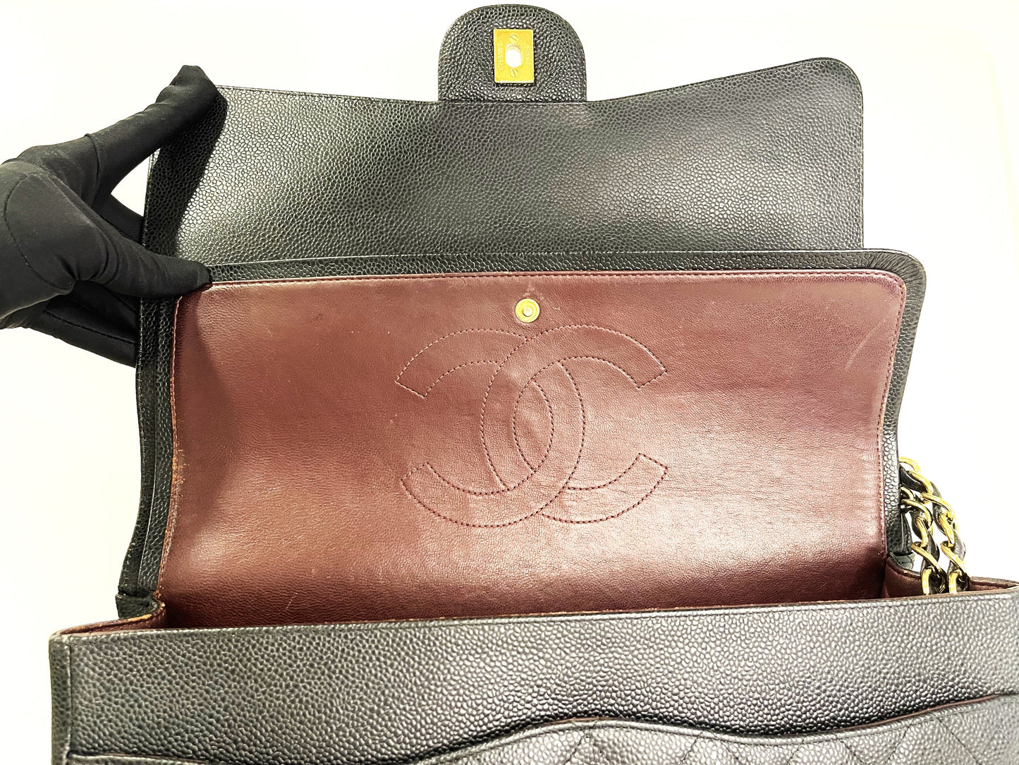 CHANEL CLASSIC FLAP MAXI FLAP (1534xxxx) BLACK CAVIAR GOLD CHAIN, WITH & DUST COVER