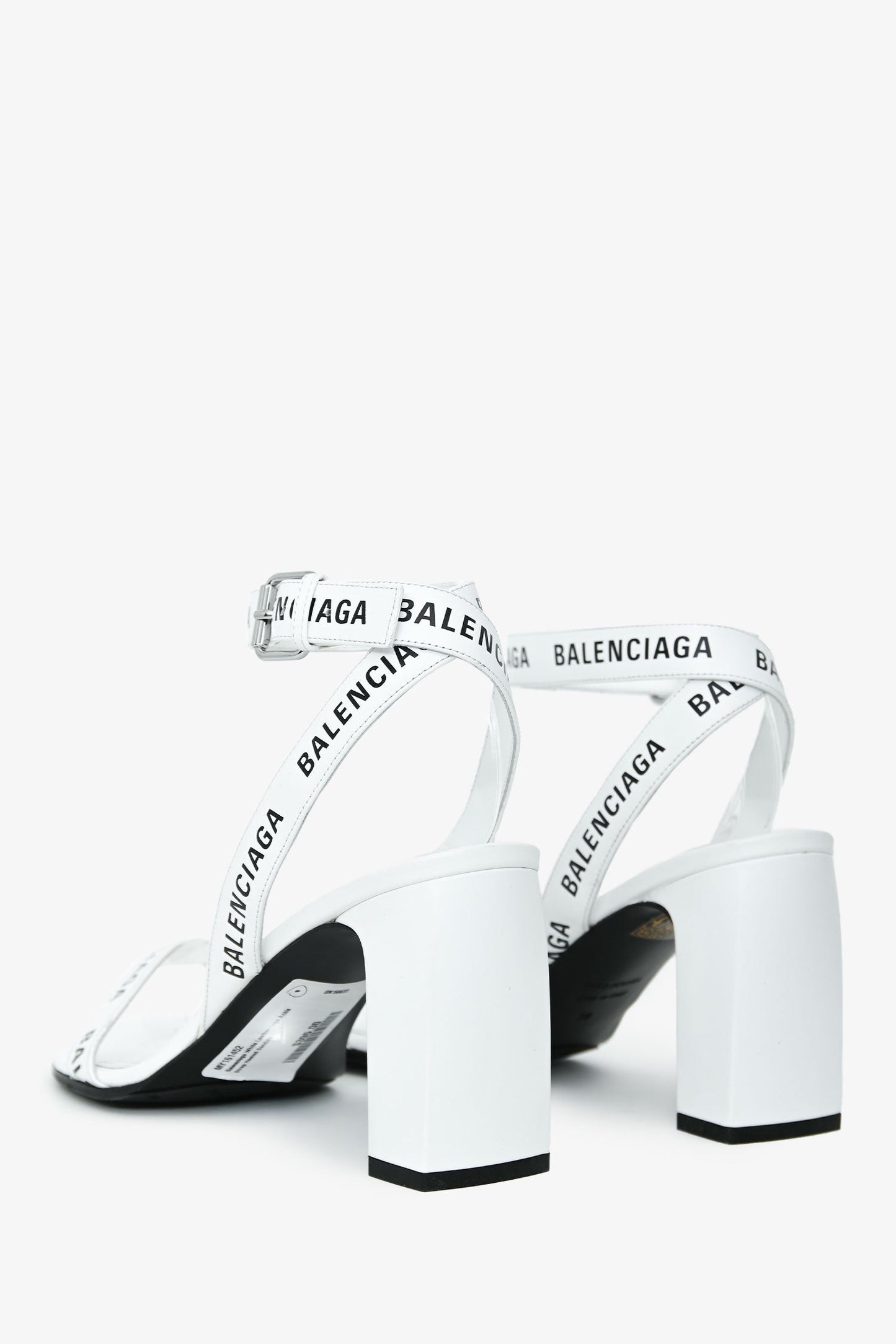 Balenciaga White Leather Logo Ankle Strap Heeled Sandals Size 39