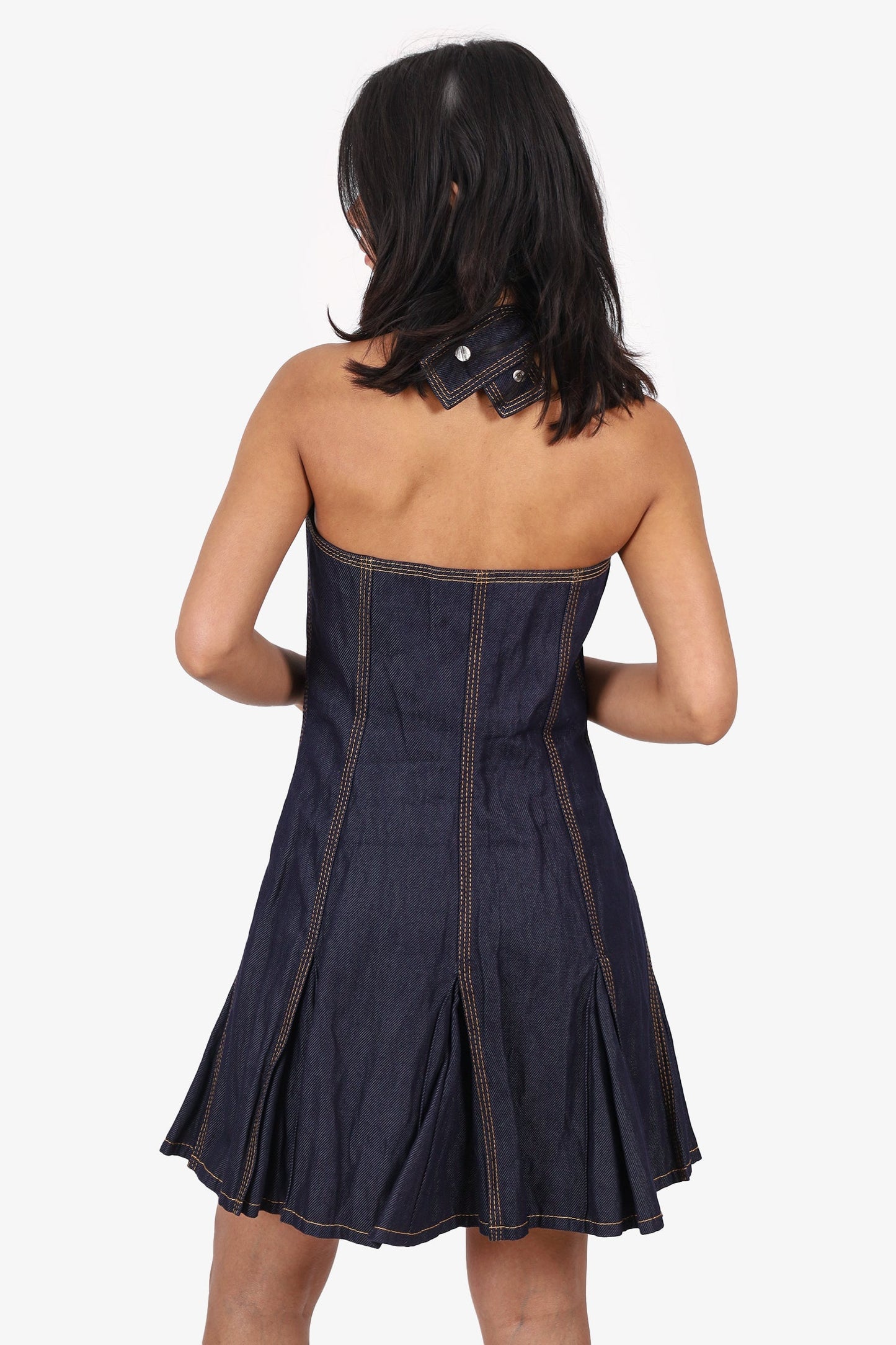 Bottega Veneta Navy Denim Zip-up Halter Neck Mini Dress Size 38