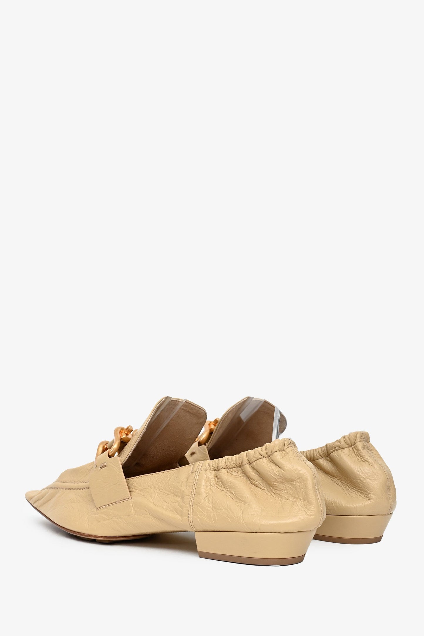 Bottega Veneta Beige Crinkled Leather Pointed Toe Gold Buckle Flats Size 39