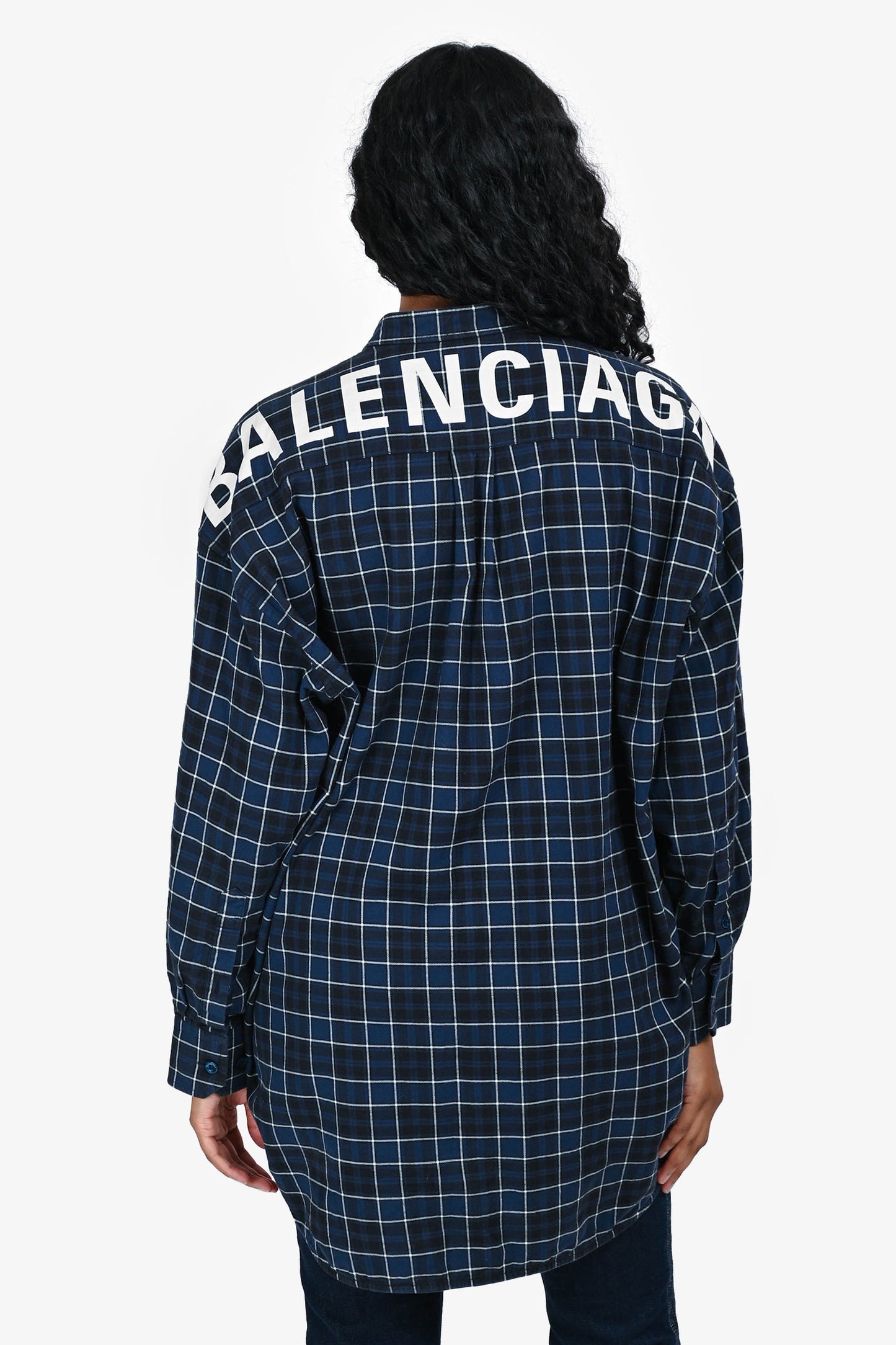 Balenciaga Navy Check Cotton Oversized Shirt With Tie Detail Size 34