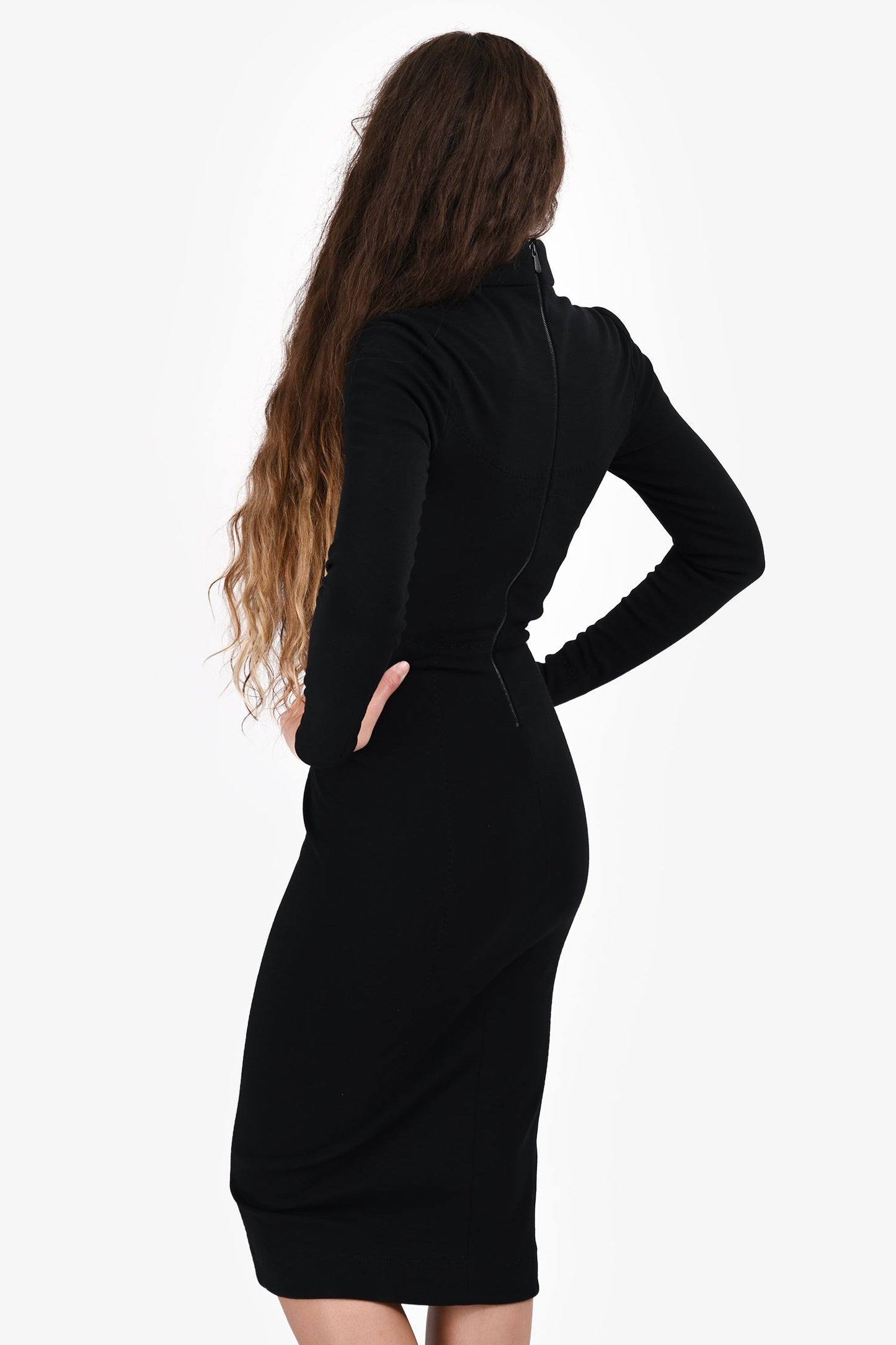 Bottega Veneta Black Wool High Neck Midi Dress Size 38 FR