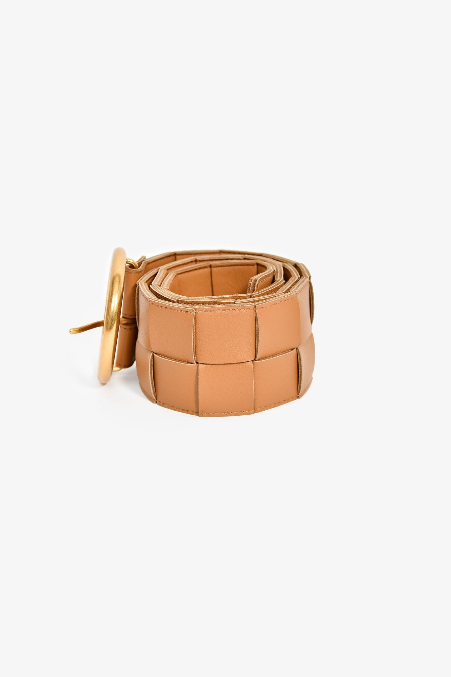 Bottega Veneta Camel Maxi Intrecciato Leather Round Buckle Belt Size 80