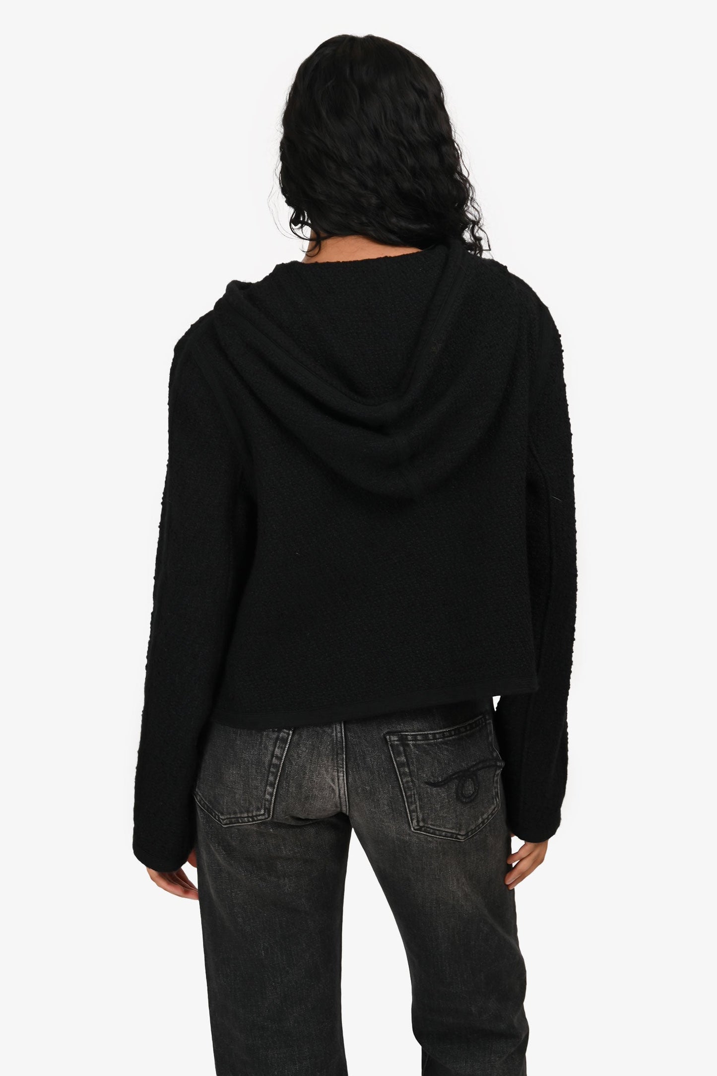 Celine Black Metallic Cotton/Wool Blend Tie Neck Hooded Cardigan Size 40