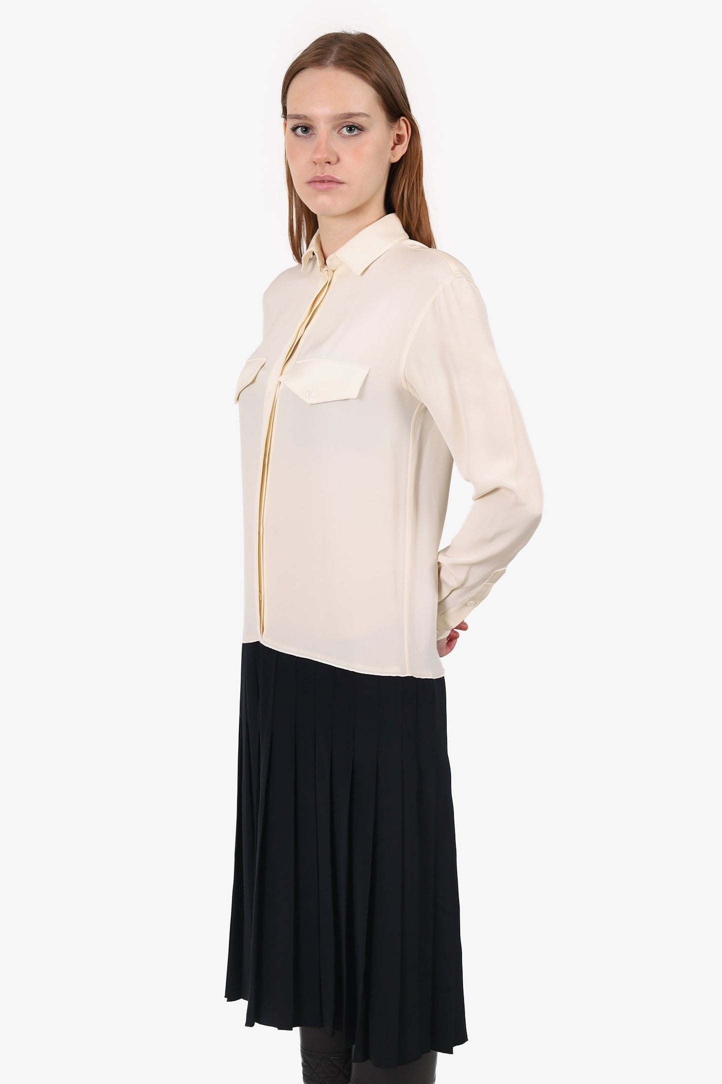 Celine Cream/Black Silk Button Up Pleated Dress Size 34