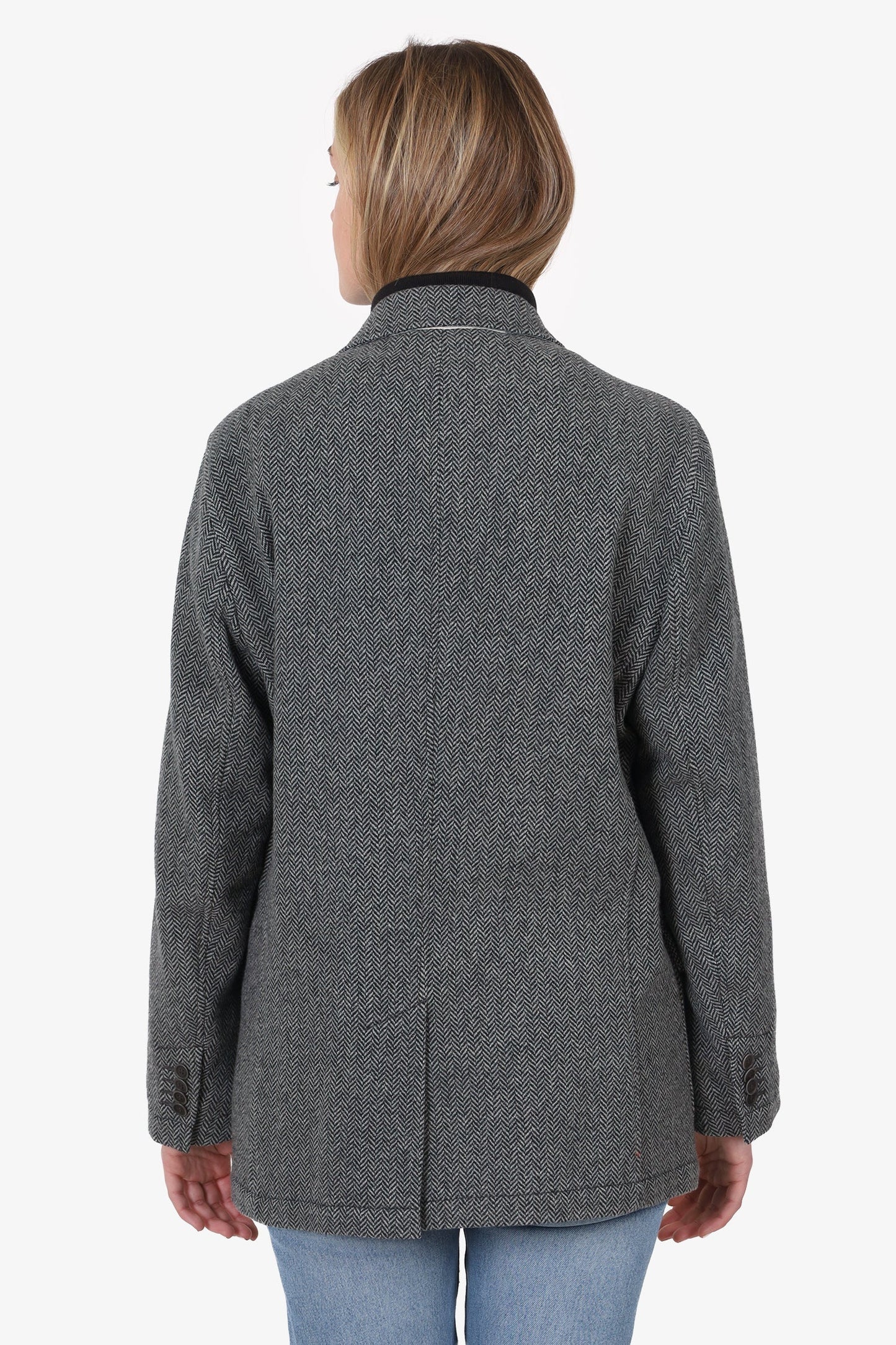 Burberry Black/White Wool Herringbone Single Breasted Blazer With Quilted Zip Up Size L