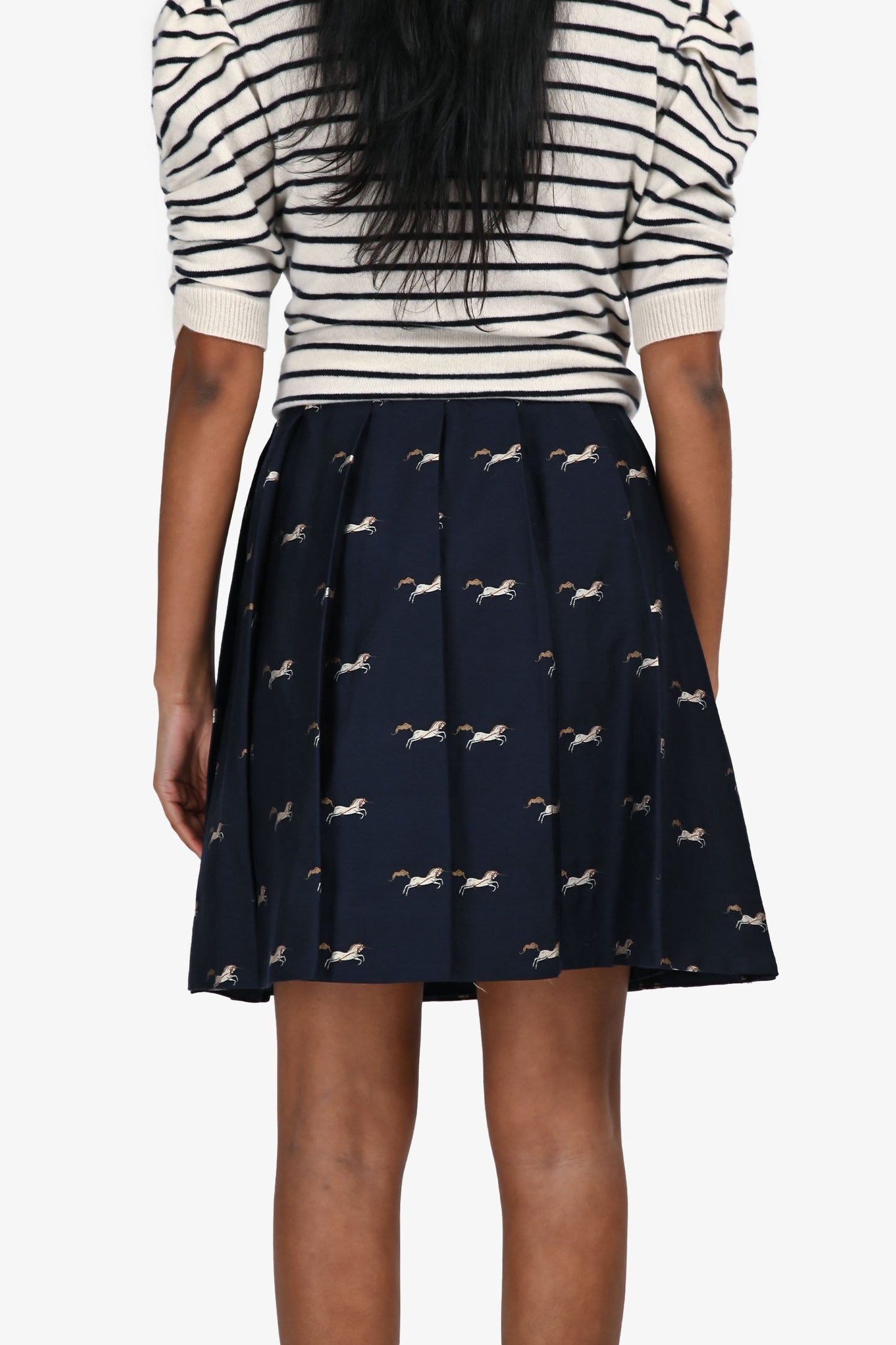 Burberry Navy Wool Horse Patterned Mini Pleated Skirt Size 14+
