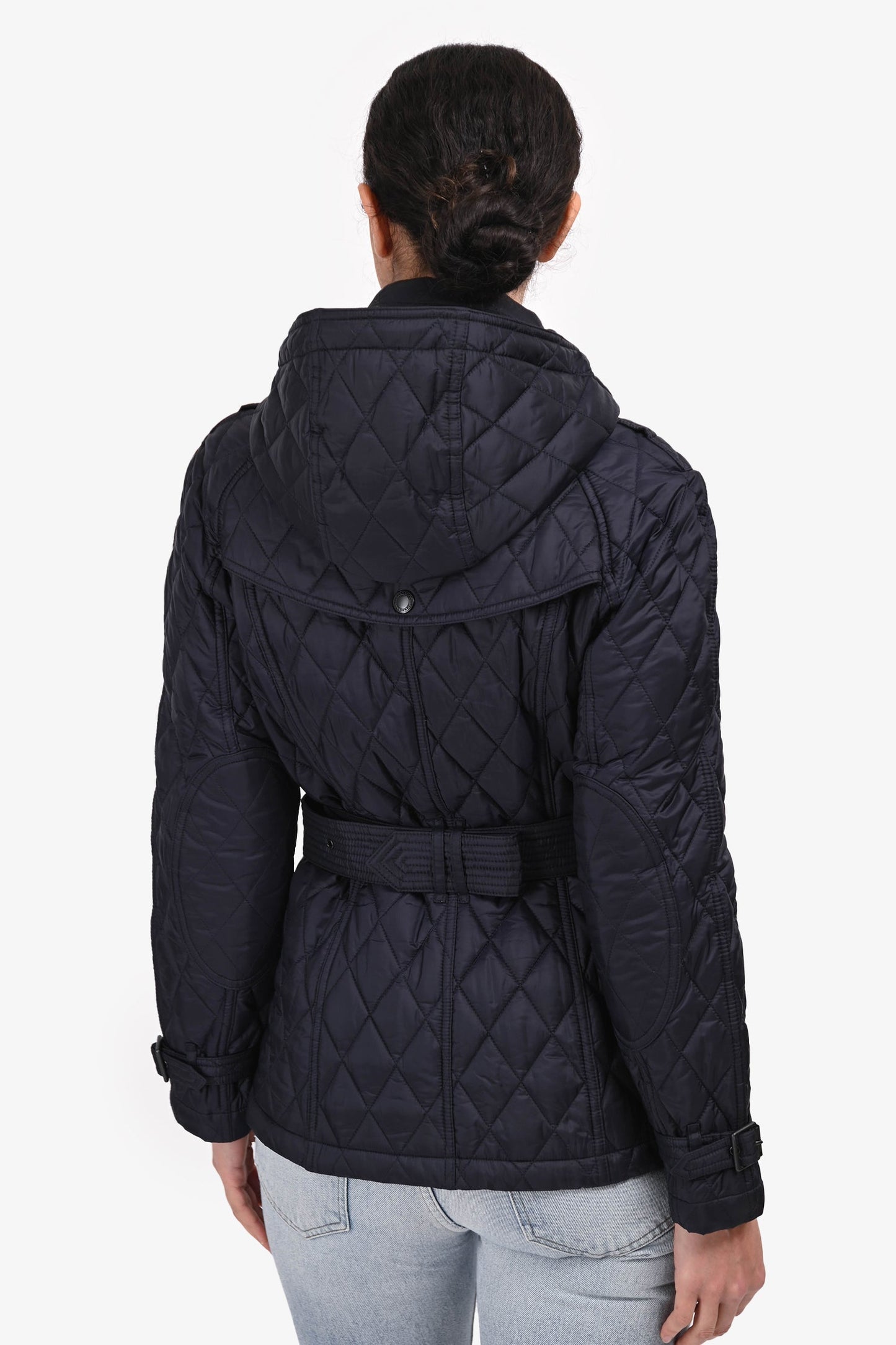 Burberry Navy Nylon Quilted Belted Short Coat Size S