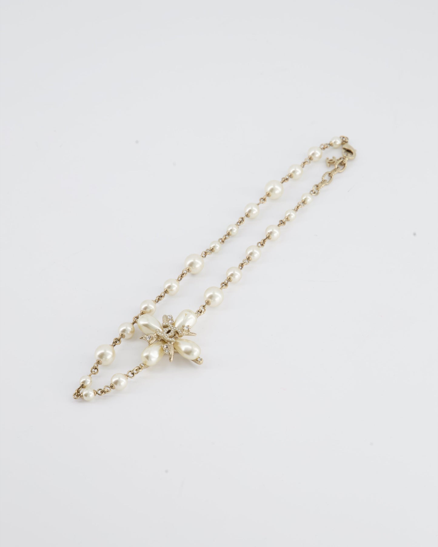 *HOT* Chanel Gold CC Necklace with White Pearl and Crystal Detailing