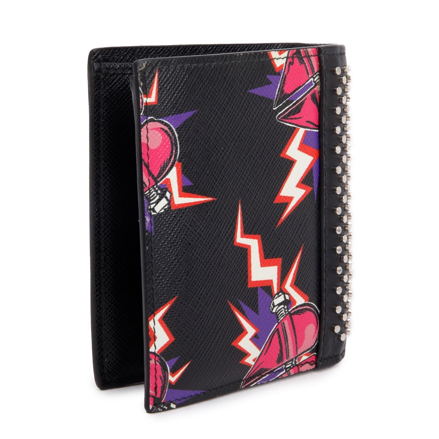 Prada X Universal Studios Black Multicolor Saffiano Leather Frankenstein Heart Studded Bifold Wallet