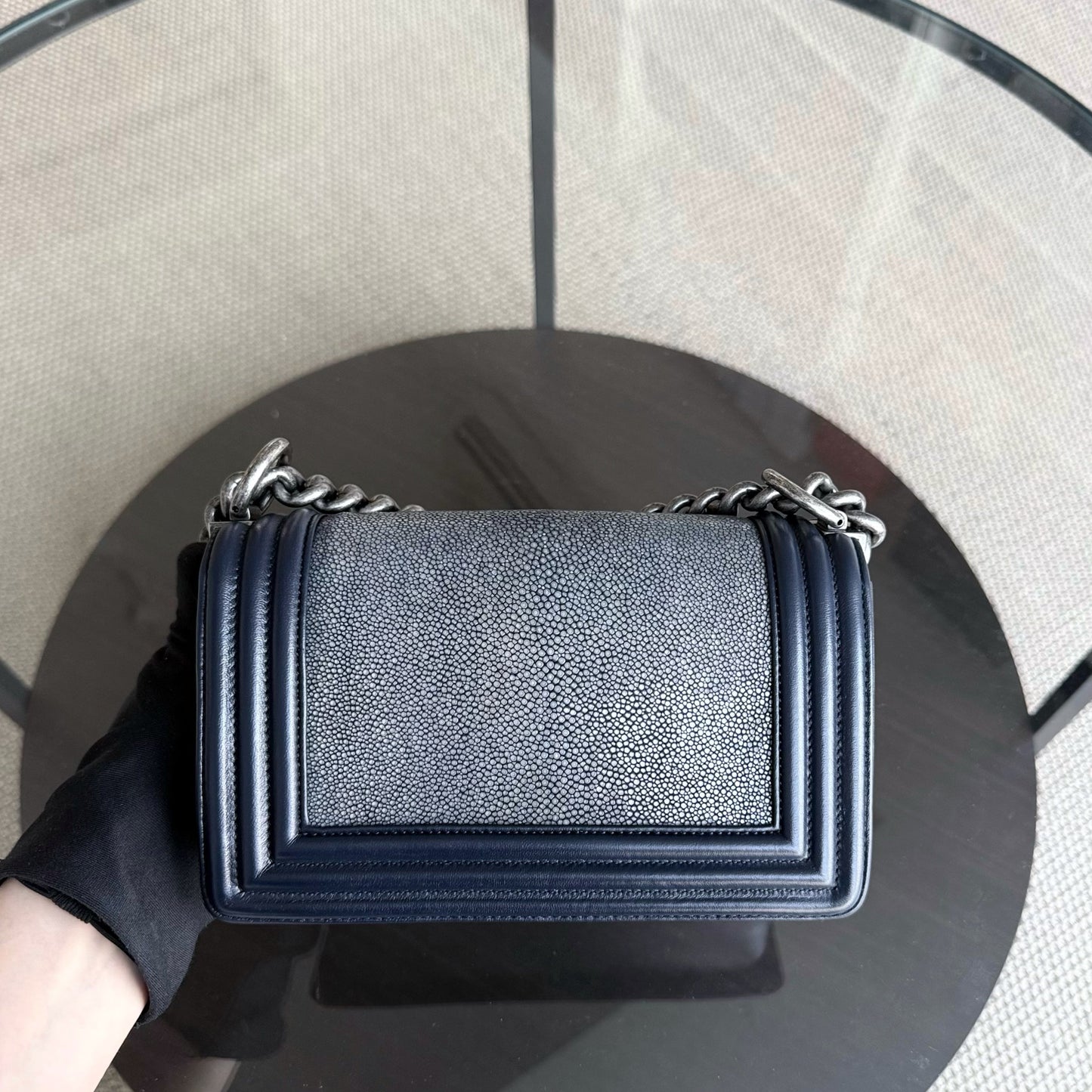 Chanel Boy Small - Small Galuchat Stingray Blue Ruthenium Silver Hardware Series 20