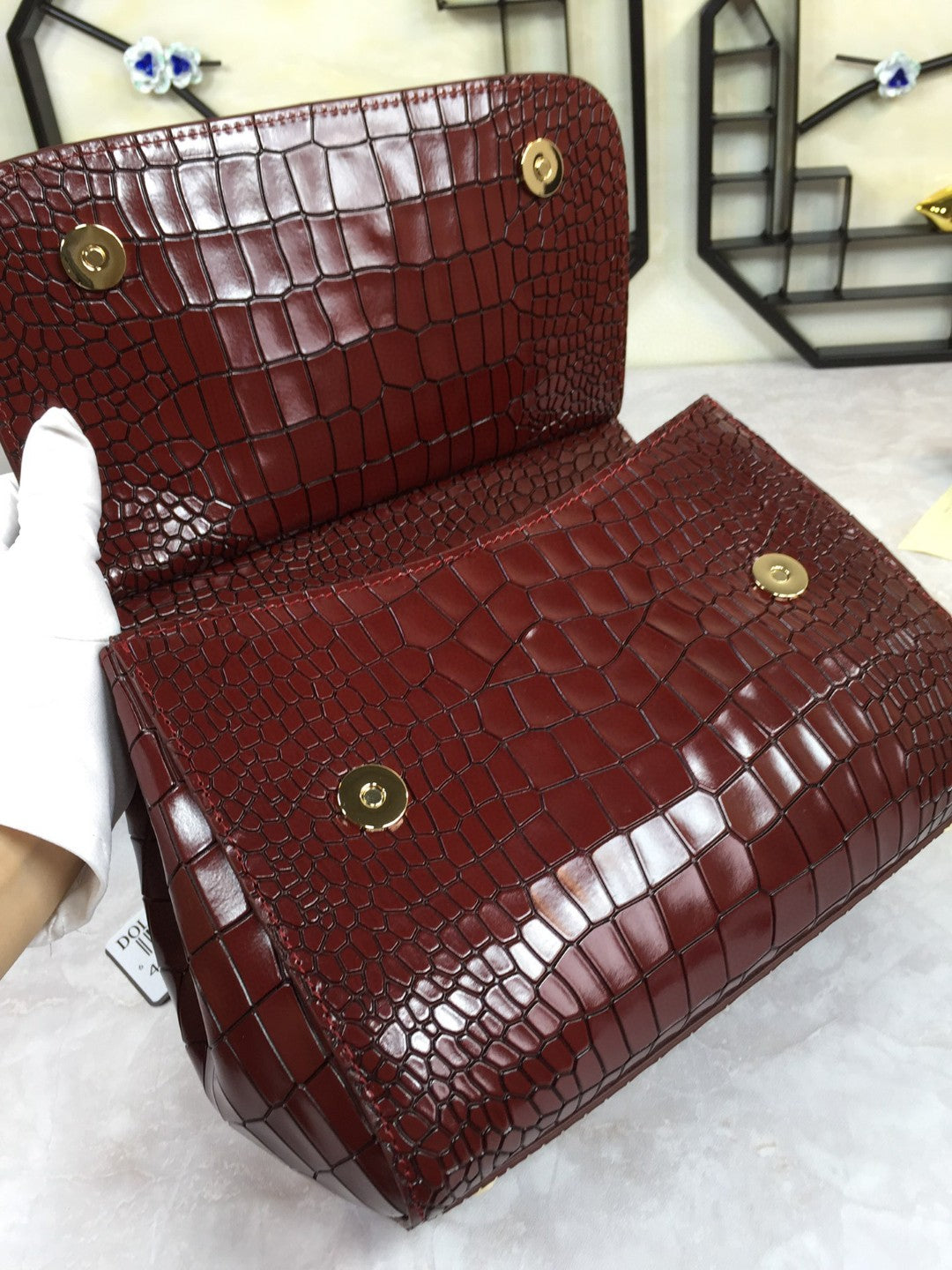 Top Quality Medium Sicily Bag In Foiled Crocodile-Print Burgundy For Women 10.2in/26cm Top Quality