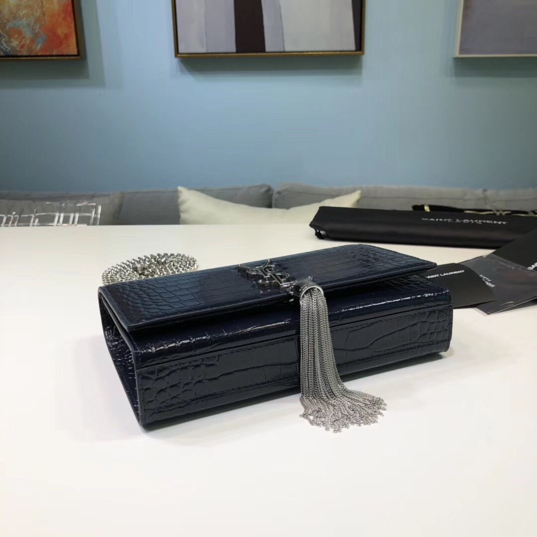 Top Quality Kate Small Chain Bag With Tassel In Embossed Black For Women 7.8in/20cm YSL 474366DND0N1000