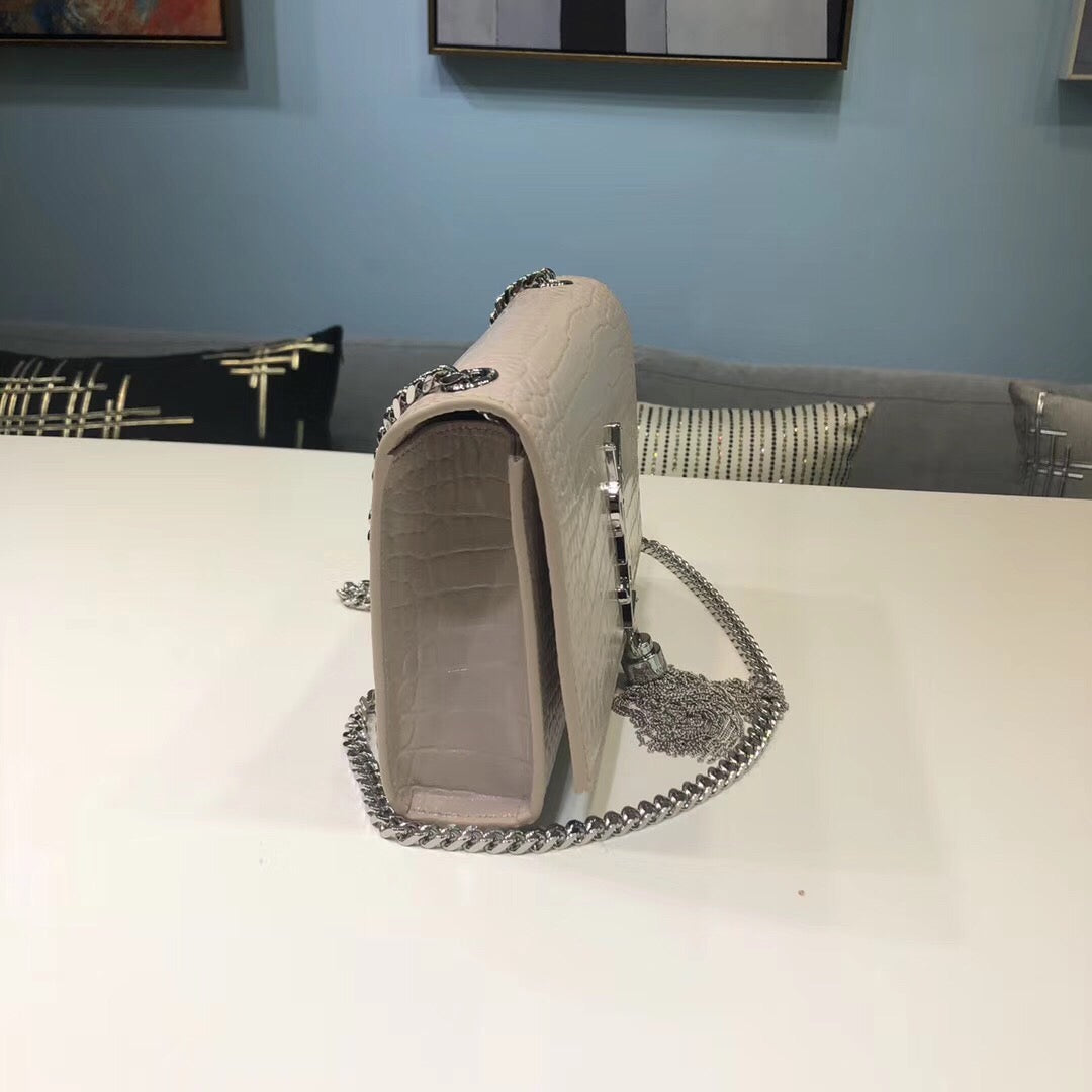 Top Quality Kate Small Chain Bag With Tassel In Embossed Beige For Women 7.8in/20cm YSL