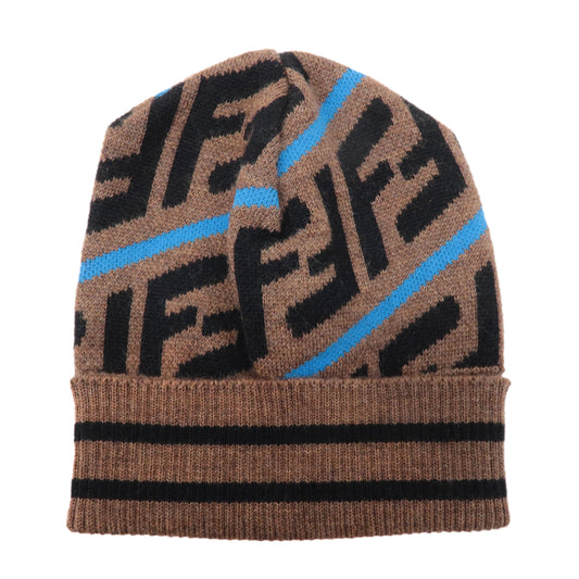 FENDI Zucca Cotton 80% Nylon 20% Knit Kids Beanie Brown