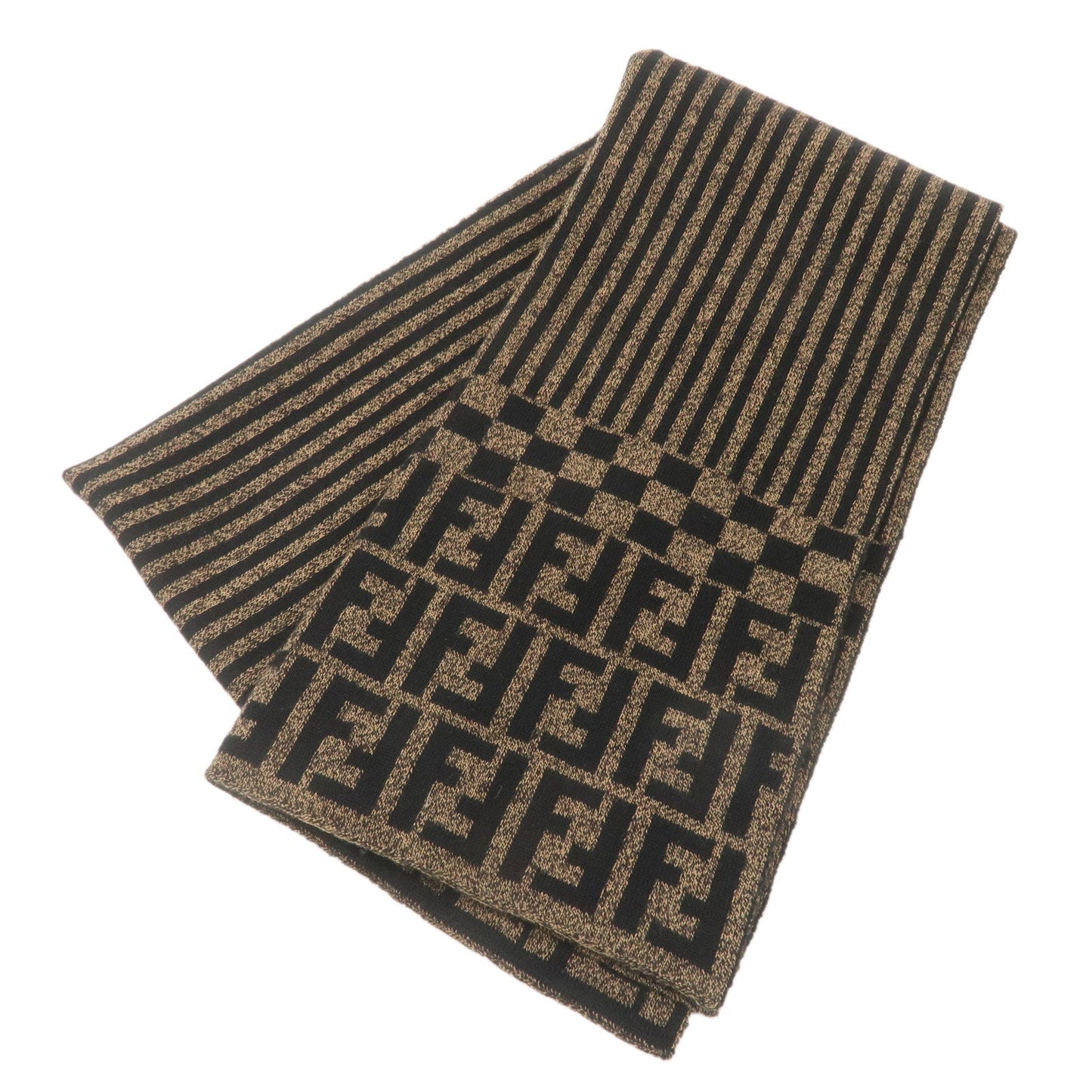 FENDI Zucca Logo Print Wool 100% Scarf Brown Black