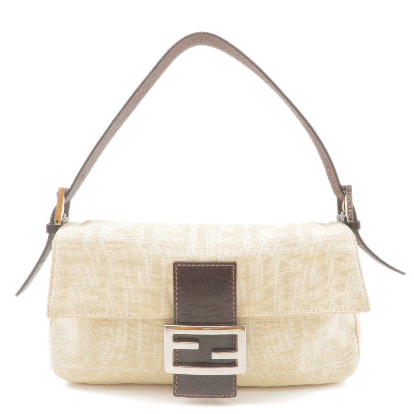 FENDI Zucca Mamma Baguette Canvas Leather Bag Beige 26424