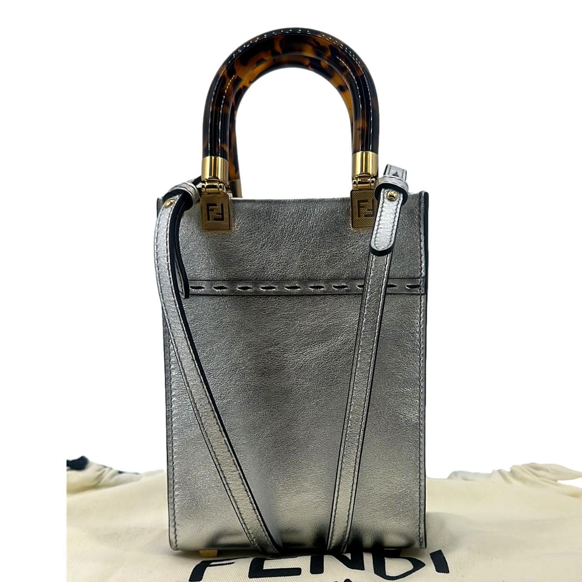 FENDI Mini Sunshine Plexiglass Laminated Leather Shopper Tote Crossbody Bag Silver - Hot Deals