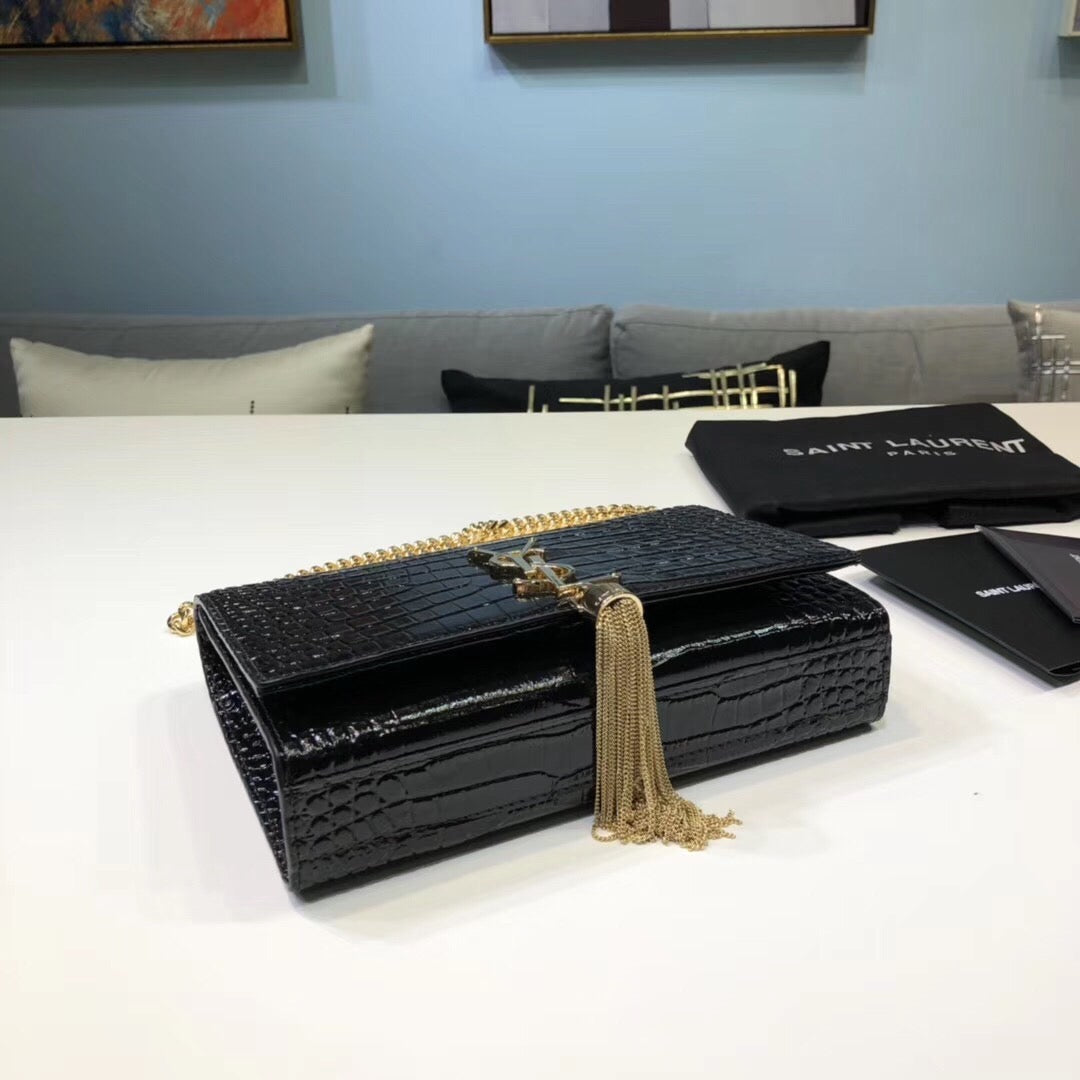 Top Quality Kate Small Chain Bag With Tassel In Embossed Black For Women 7.8in/20cm YSL 474366DND0J1000