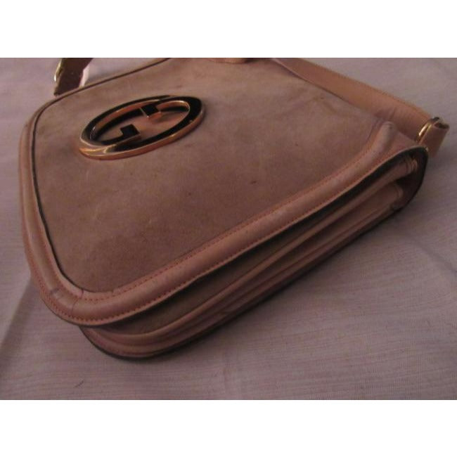 light greyish taupe suede and ivory leather, Gucci 'Blondie', saddle bag, envelope top, shoulder bag with a large, open gold 'GG' emblem