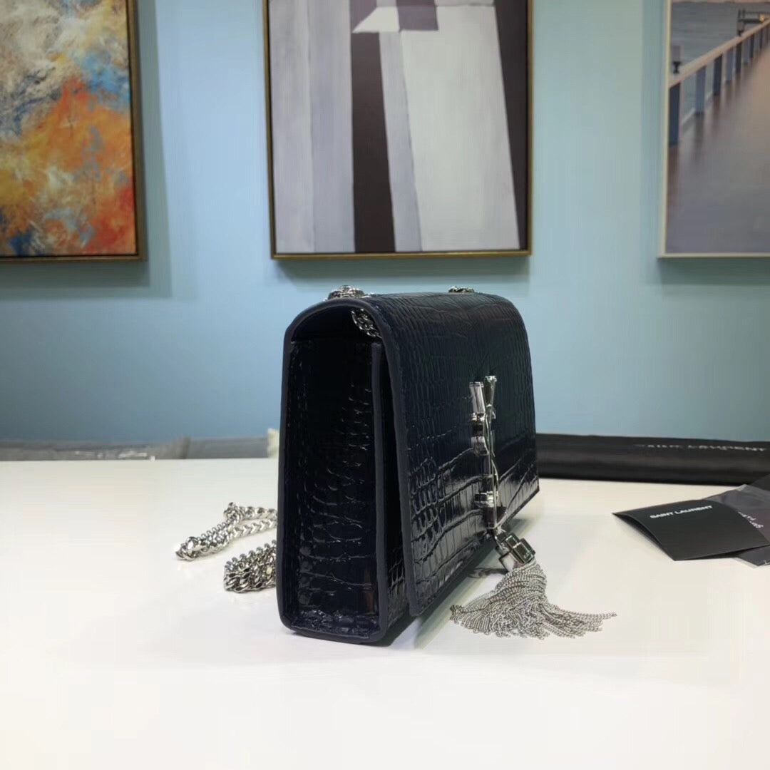 Top Quality Kate Small Chain Bag With Tassel In Embossed Black For Women 7.8in/20cm YSL 474366DND0N1000