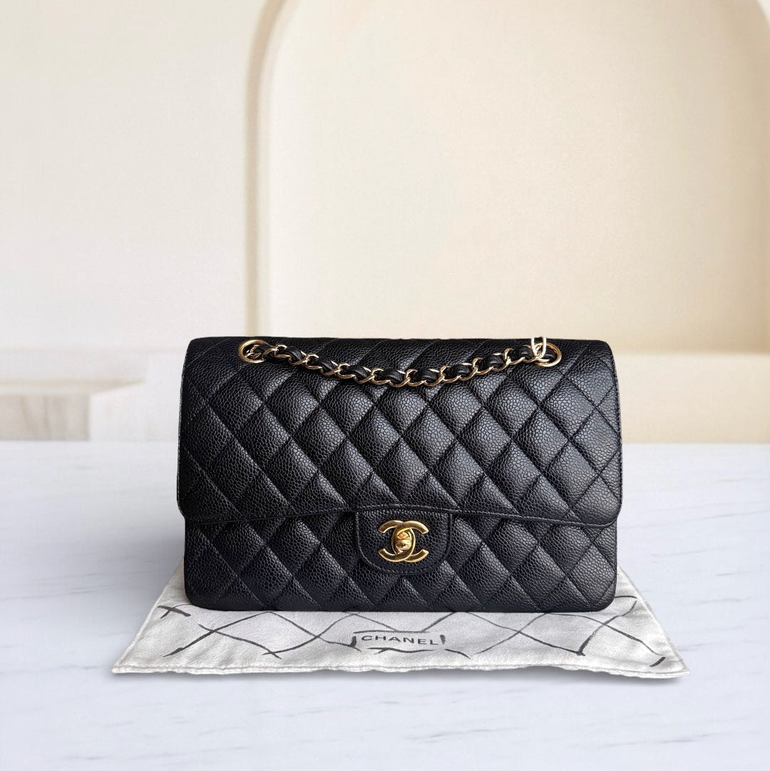 Chanel Classic Flap Medium - 25CM Quilted Caviar Black Gold Hardware Series 18