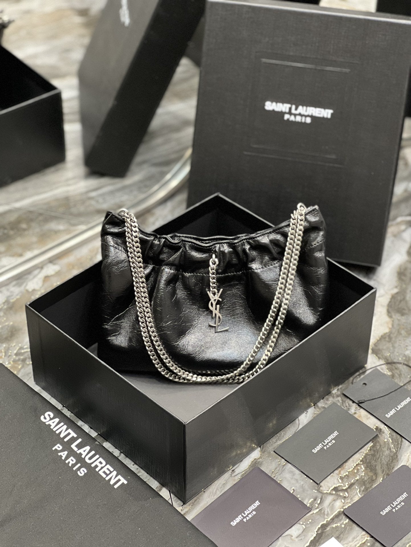 YSSL Hobo Mini Bag Black With Silver Hardware For Women 9in/24cm YSl