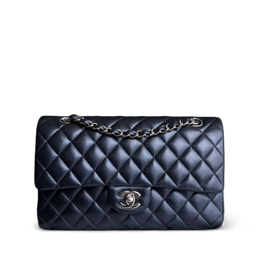 Chanel Classic Flap Medium - 25CM Quilted Lambskin Iridescent Midnight Dark Blue Silver Hardware Series 24