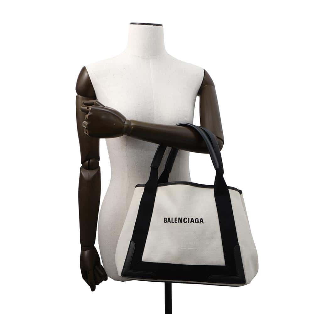 BALENCIAGA Navy Cabas S Natural/Black339933 Canvas Leather Size S