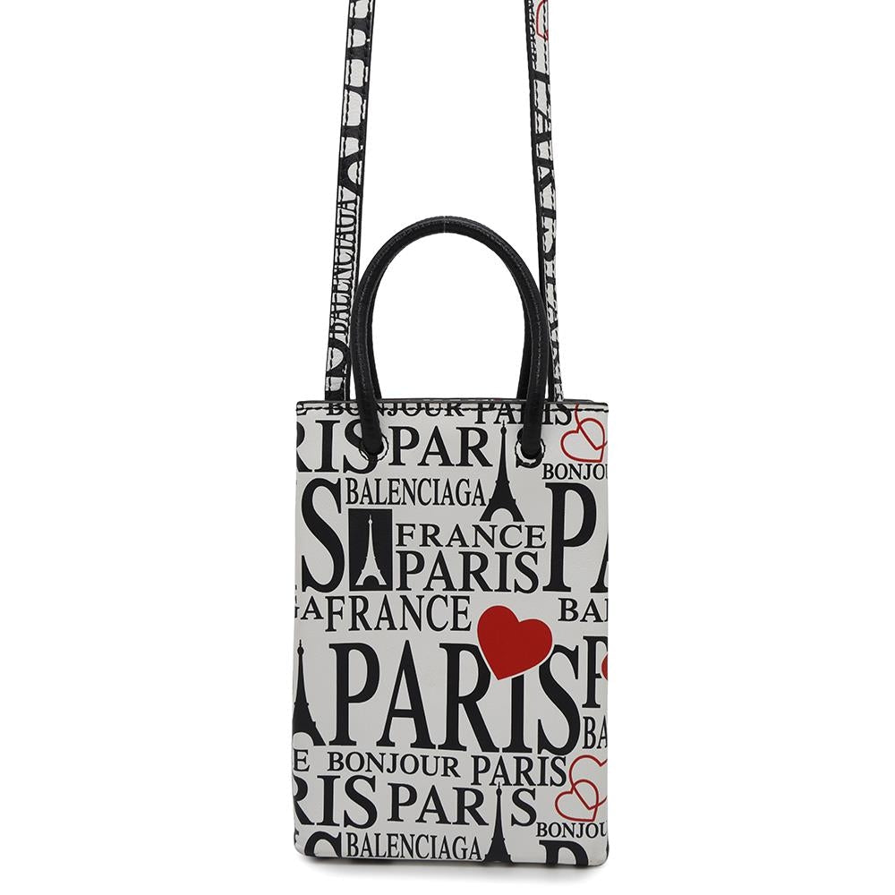 BALENCIAGA Bon Jules Paris Shopping Phone Holder White/Black/Red593826 Leather