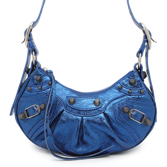 BALENCIAGA Luca Goal Shoulder Bag Metalic Blue671309 Leather Size XS