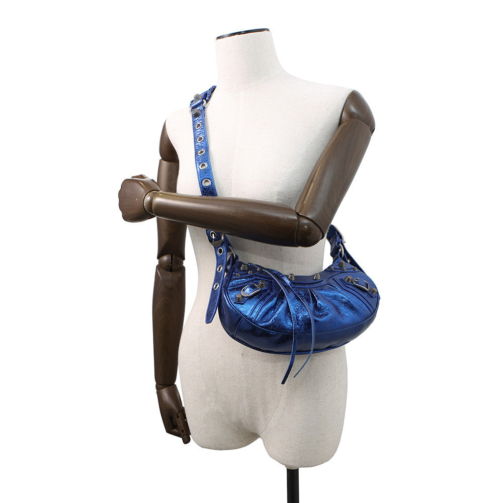 BALENCIAGA Luca Goal Shoulder Bag Metalic Blue671309 Leather Size XS