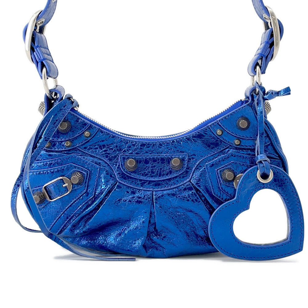 BALENCIAGA Luca Goal Shoulder Bag Metalic Blue671309 Leather Size XS