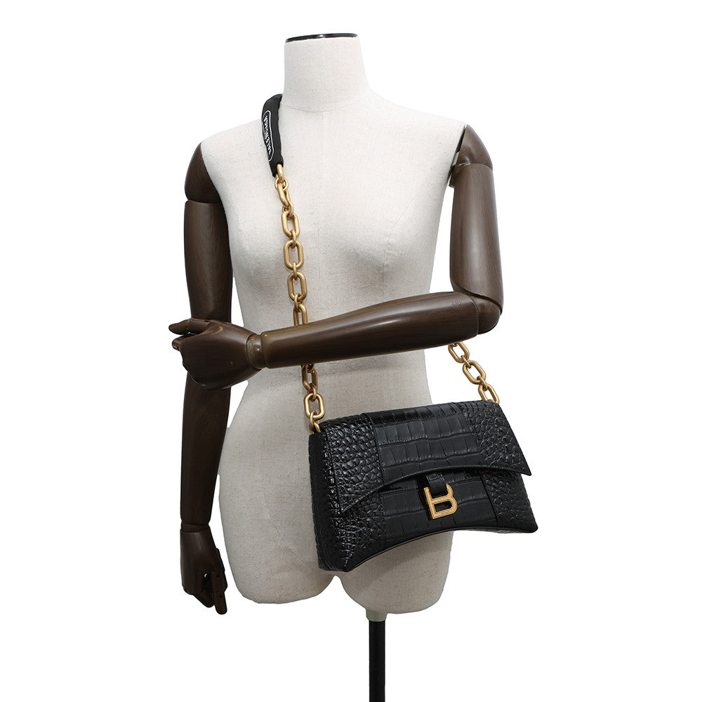BALENCIAGA Downtown ChainShoulder Bag Black689121 Croco embossed leather Size XS