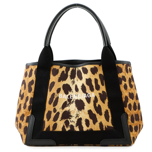 BALENCIAGA Navy Cabas Leopard Black/Brown339933 Canvas Leather Size S